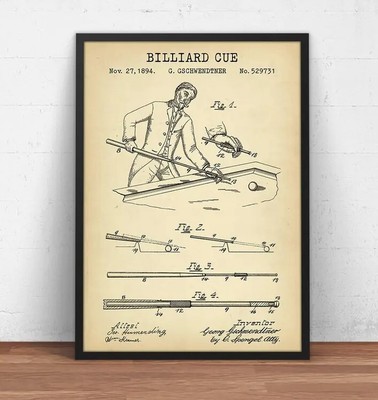 Billiards Patent Prints, Billiard Cue Blueprint Art
