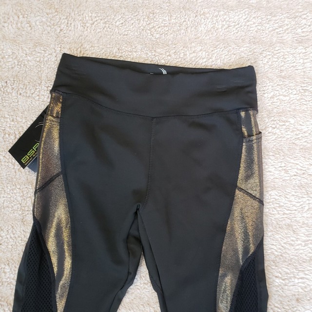 BSP Better Sports Performance Black Leggings Capri Gold Sheer Netting L