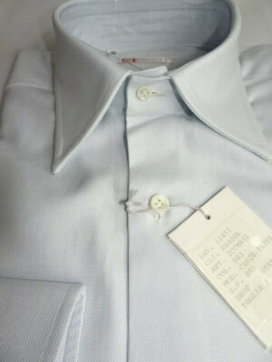 designer dress shirts men palm beach NEW $395 41EU 16 37 SL GIORGIO'S of SHIRT Light Blue Pique white dresses Black Peter Pan Collar Size:5X button barrel cuffs