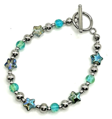 7.75'' Stainless Steel Toggle Clasp Bracelet - Blue-Green Crackle Glass & Stars