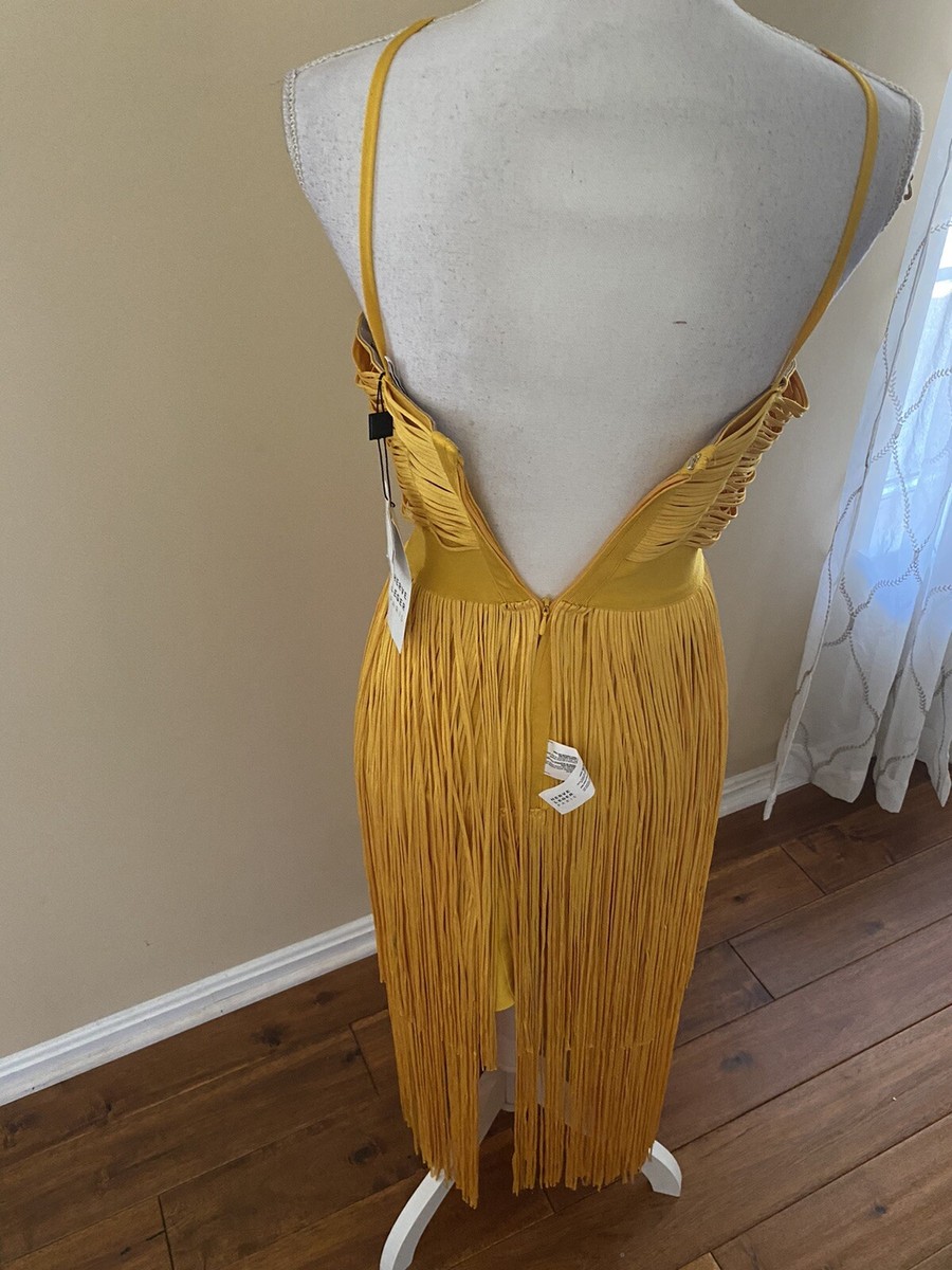 Plunging Strappy Fringe Midi Dress - Golden, XS, by Herve Leger