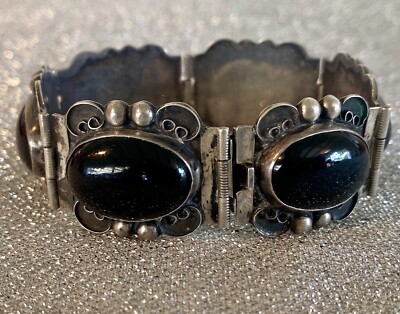 VTG 1940s Mexican Silver & Black Onyx Panel Bracelet Signed DHG Marked 925