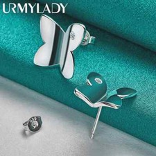 URMYLADY 925 Sterling Silver Smooth Butterfly Zircon Stud Earrings Charm Jewelry