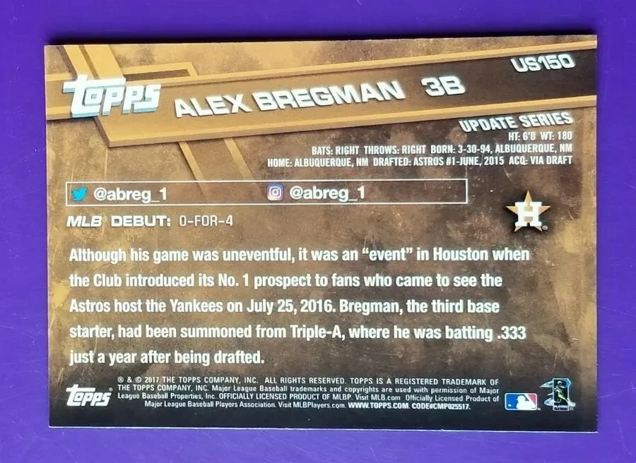 2017 Topps Update Series - Alex Bregman RC  - Rookie Debut Baseball Card #US150 - Image 2 of 2