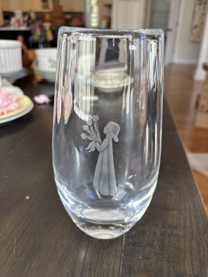 Orrefors Crystal Vase Etched With Girl With Flowers Signed