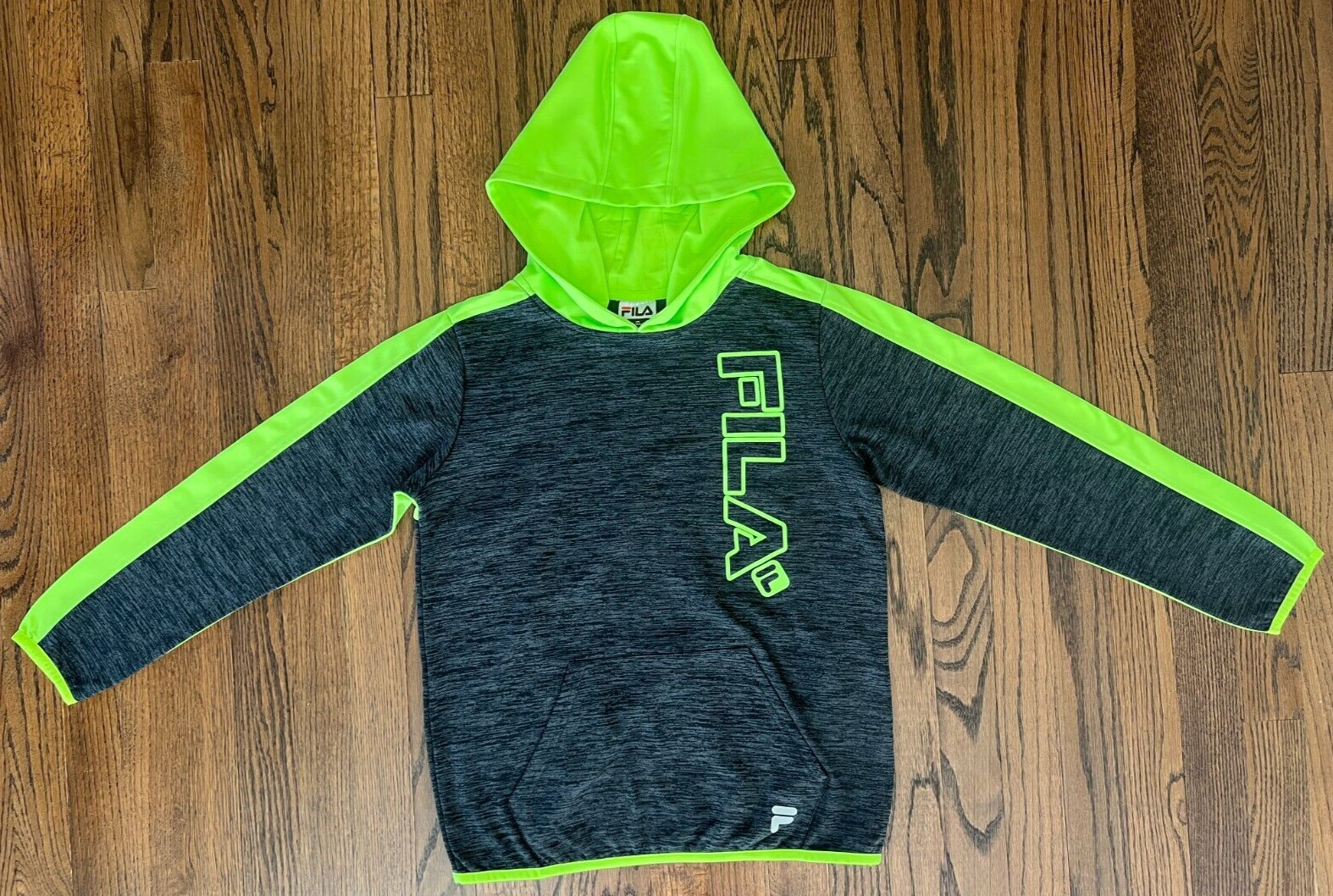 Felpa con cappuccio FILA Performance grigia con accenti giallo acido nuova senza etichette Large (10 12)
