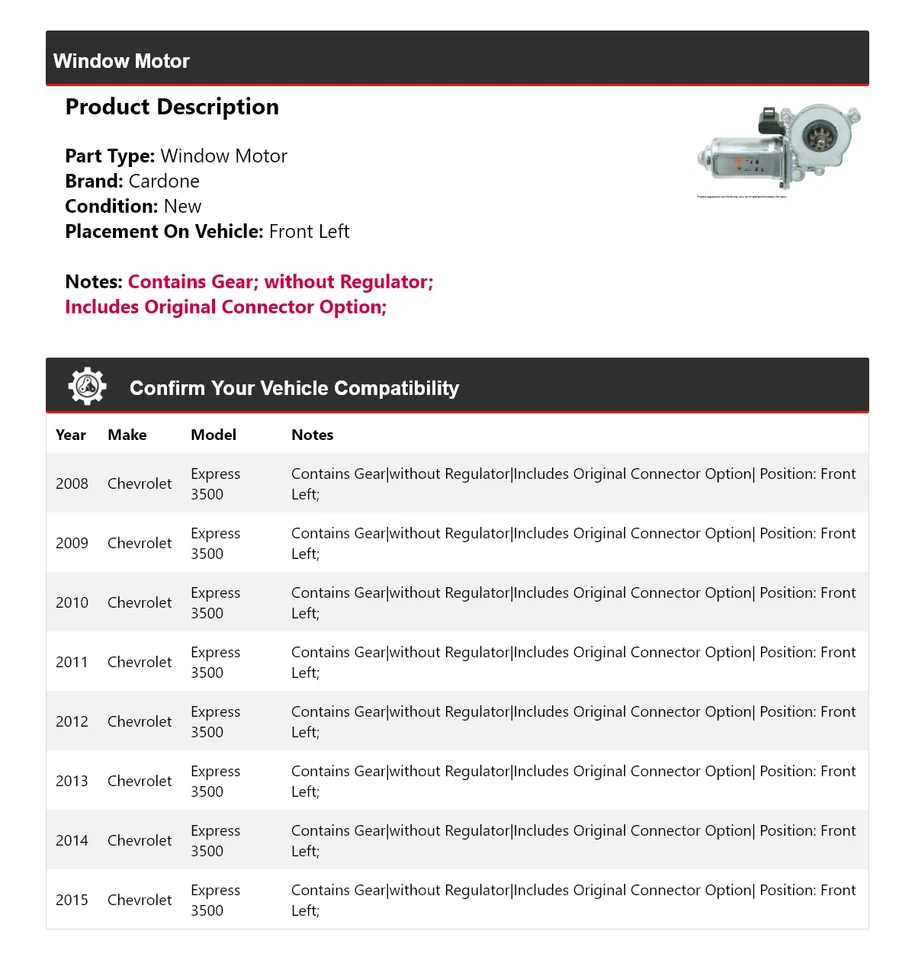 For 2008-2015 Chevrolet Express 3500 Window Motor Front Left Cardone 2009 2010 - Image 2 of 4