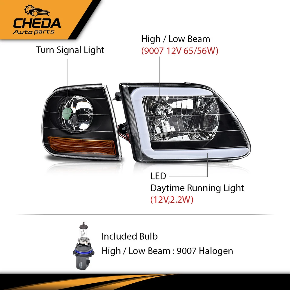 Faros LED transparentes y luces de estacionamiento en esquina negros aptos para 97-04 F150 Expedition Foto 4 de 4