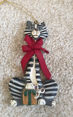 Kurt Adler Gray Stripe Cat with Mouse & Package Christmas Ornament FREE SHIP