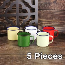 Set 5 Coloured Enamel Mugs Retro Outdoor Camping Travel Tin Rustic Metal Cups