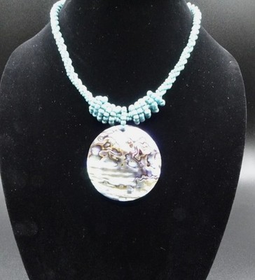 1970s  Lee Sands   18'' Turquoise Beaded Necklace + Mother of Pearl Round Pendant