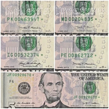 Lot of Five Star Notes Five Dollar Bills w/Years 2006,2009, 2013, 2017A