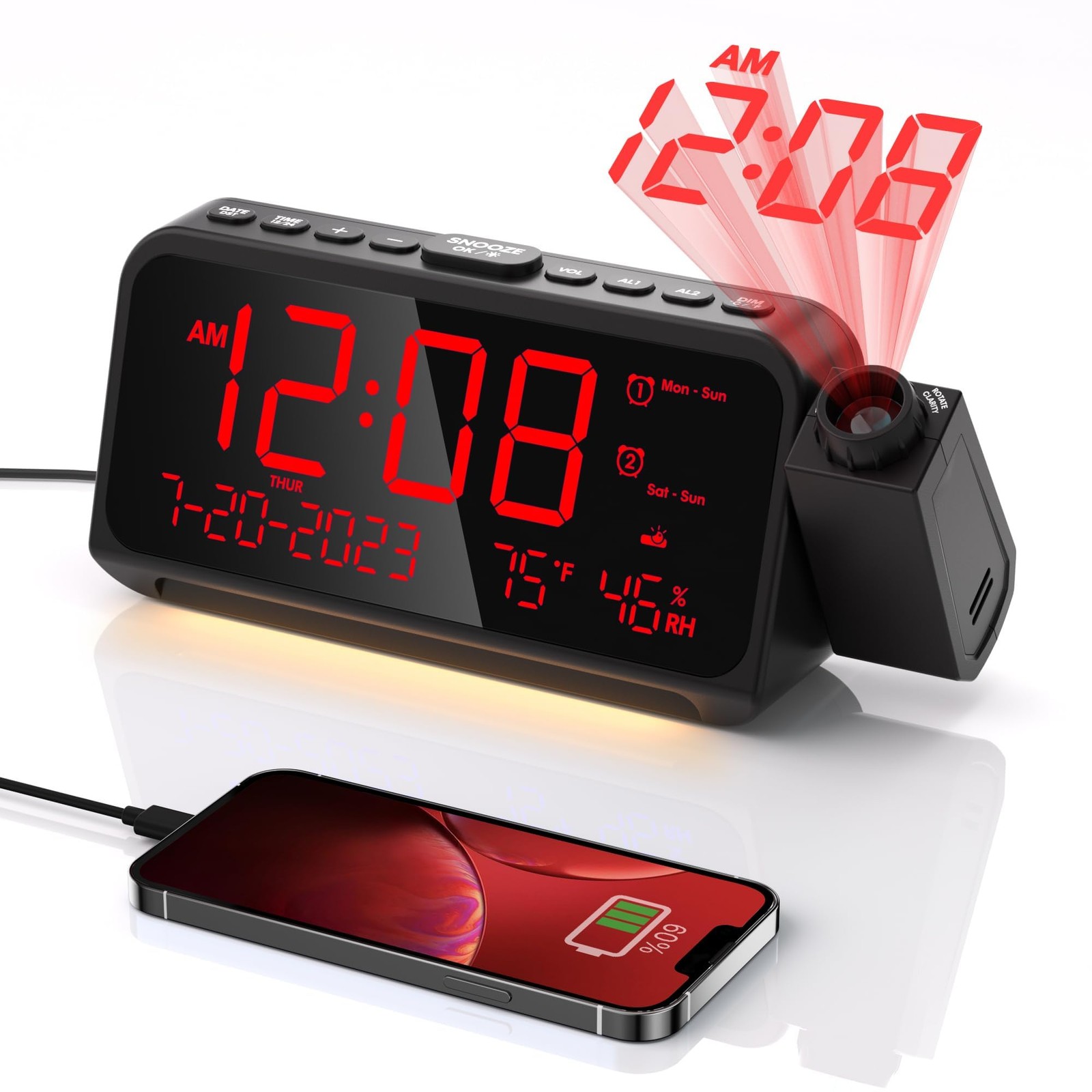 Projection Alarm Clock with 350° Rotatable Display for Bedroom