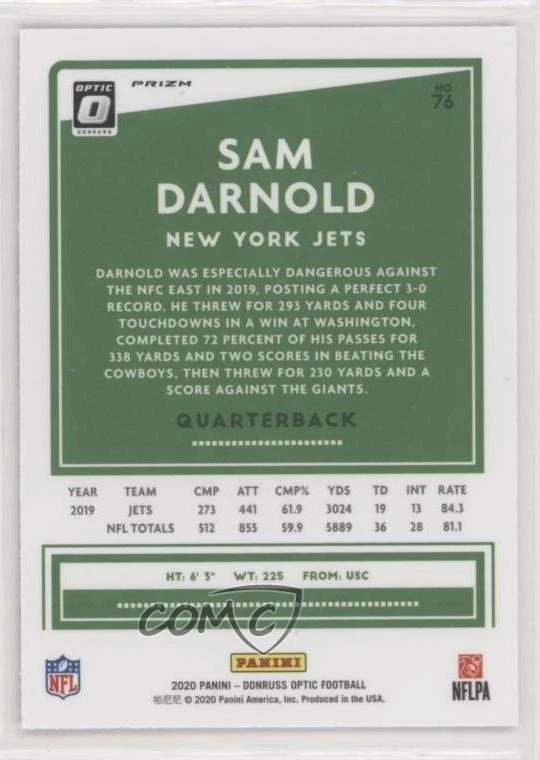2020 Panini Donruss Optic White Sparkle Prizm Sam Darnold #76 - Image 2 of 2
