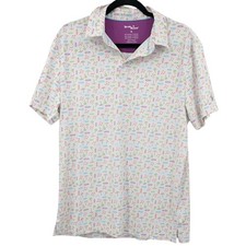 Birdie Bound Golf Polo Shirt Men Size M Tropical Dog Palm Tree Print Performance