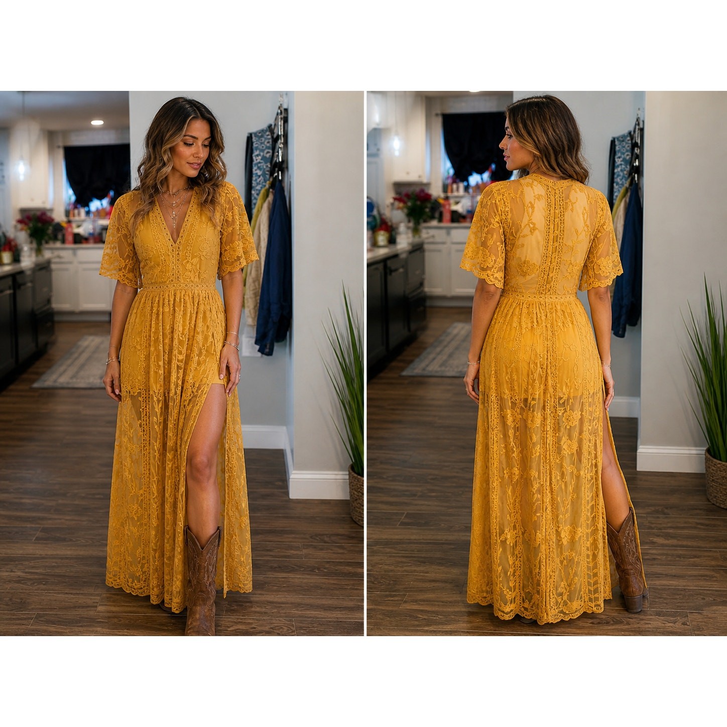 Maxi Vestido Boho Caléndula Floral Encaje Superpuesto Mameluco Pradera Festival Transparente