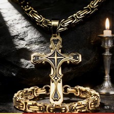 Men's Stainless Steel Cross Necklace  Bracelet Set, Gold Color  