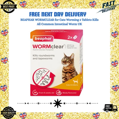 BEAPHAR WORMCLEAR for Cats Worming 2 Tablets Kills All Common Intestinal Worm UK