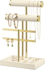 Bracelet Holder Jewelry Organizer Display - 3 Tier T Bar Velvet Stand, Beige Jew