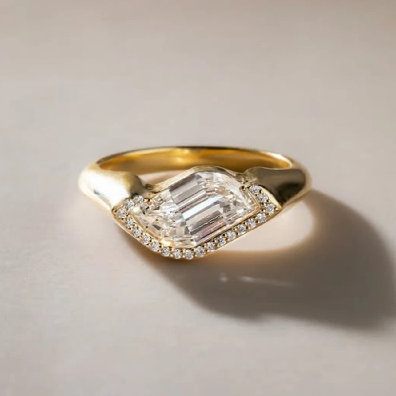 2.50 CT Emerald Cut Moissanite Unique Teardrop Ring, 14K Yellow Gold Plated