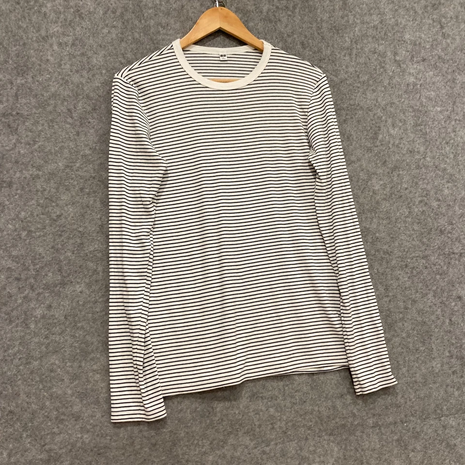 Camisa Uniqlo para mujer talla grande blanca a rayas manga larga mezcla de algodón 30106 Foto 2 de 4