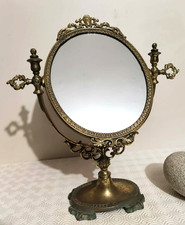 Miroir de table ancien en bronze – décor Louis XV – miroir ovale