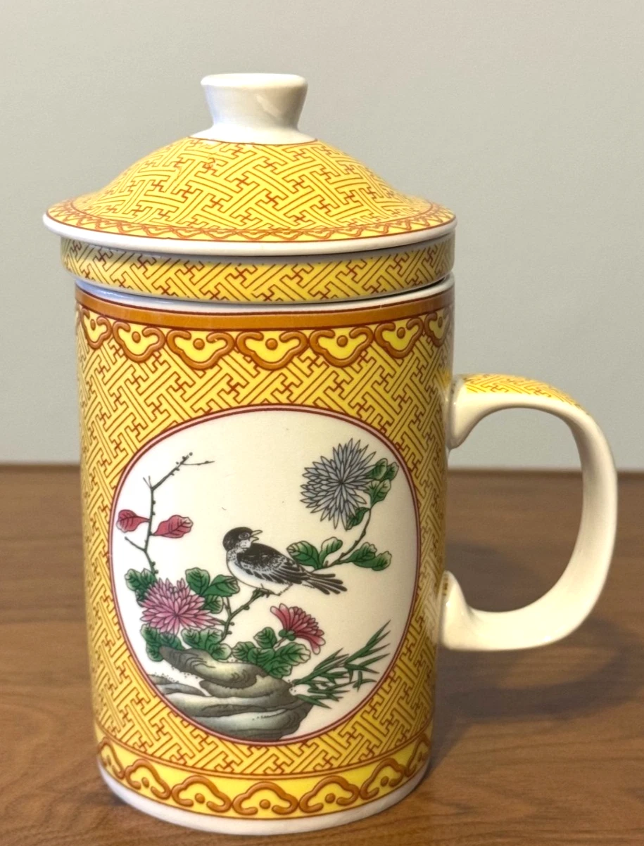 Vintage CFI 3 Piece Ceramic ~Loose Leaf 12oz TEA INFUSER MUG SET w/LIid~Strainer