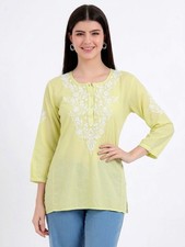 Women s Green Chikankari Embroidered Cotton Kurti Top Ethnic Indian Tunic