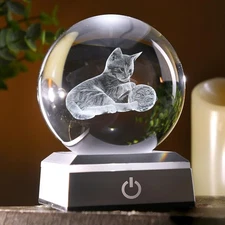 80mm Cat Lover Gifts for Women 3D Night Light Cat Crystal Ball Decor Kitten C...