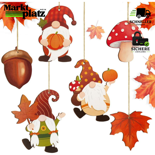 Herbstdeko HolzanhäNger 12Er Set Wichtel Ahornblatt Eichel Pilz FüR Innen-image