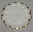 Vintage Anchor Hocking Milk Glass Deviled Egg Plate Gold Trim Mid Century Mod
