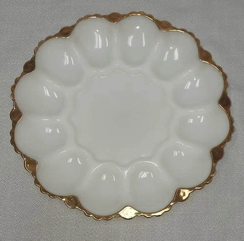 Vintage Anchor Hocking Milk Glass Deviled Egg Plate Gold Trim Mid Century Mod