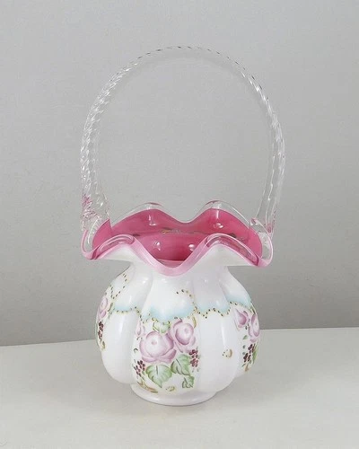 Fenton 7139 YC Peach Crest Melon Basket HP Roses & Pansies LE: 335 / 1750