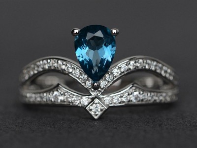 2.5ct Pear Natural London Blue Topaz Split Shank Crown Ring 14k SOLID White Gold