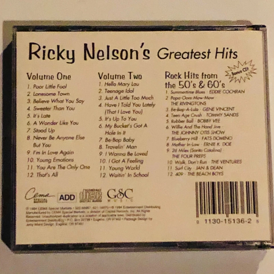 RICKY NELSON - NELSON'S GREATEST HITS  + BONUS CD OF ROCK HITS FROM 50'S & 60"S - Image 2 of 2