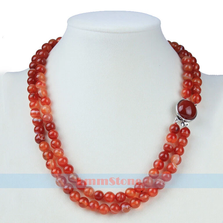Double Layer 8mm Natural Round Red Agate Necklace 18/20 inch Long - Image 2 of 4