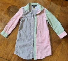 Ralph Lauren Seersucker Fun Shirt Dress Size 5 Pink Green Blue Striped Girls