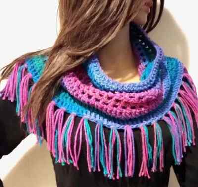 crochet handmade womans boho fringe cowl scarf tassels polo stripes