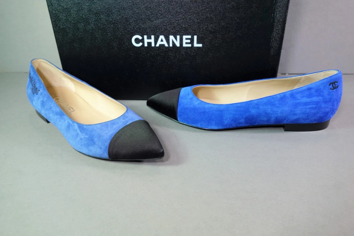 CHANEL 36.5 blue suede ballerina flats black cap point toe NEW Gabrielle  Coco