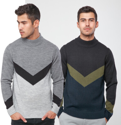 Herren WOLL Schildkröte Polotrichter Nackt Chevron warmer Pullover gestrickt Winter Top S-XXL 