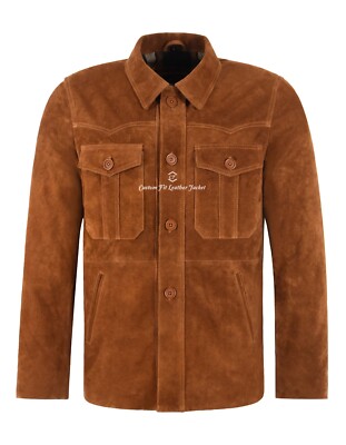 Herren Trucker Box Button Over Hemd Stil Hellbraun Wildleder Western Echt Leder Jacke