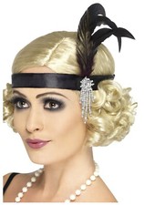 Flapper Feather Headband Black Or Silver Costume Headband W/ Beads