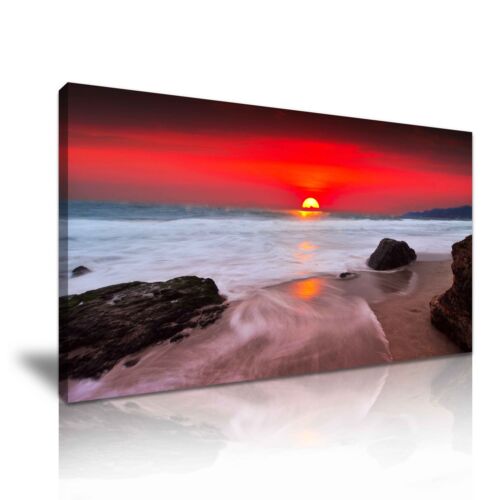 Red Sky Sunset Beach And Sea Canvas Wall Art Picture Print 60x30cm - Photo 1/1