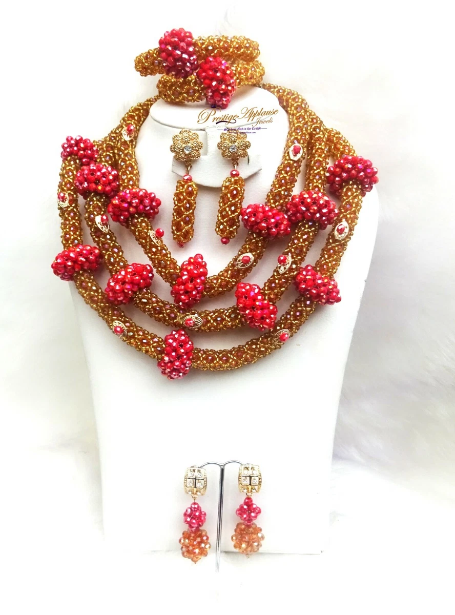 Emerald Green mixed Gold Coral Red PrestigeApplause Unique Bead Jewellery Set