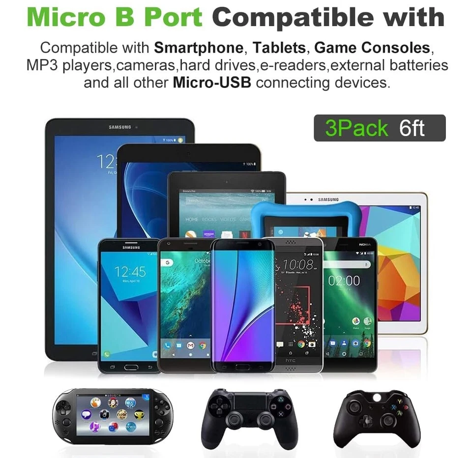 3x Micro USB Charging Cable Cord For Samsung Android Phone Charger Multicolor - Image 2 of 4