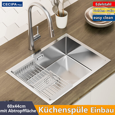 Küchenspüle Edelstahl Einbauspüle Spülbecken mit Sifon Abtropffläche 60X44CM