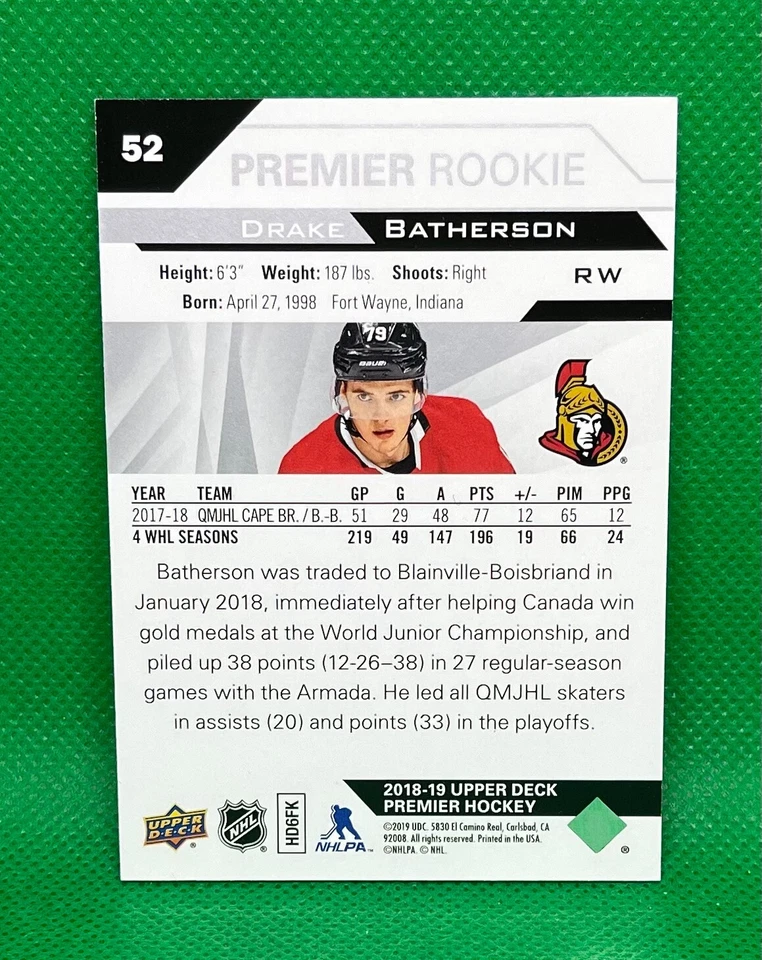 2018-19 Upper Deck Premier Drake Batherson Rookie RC 230/299 Senators #52 - Image 2 of 2