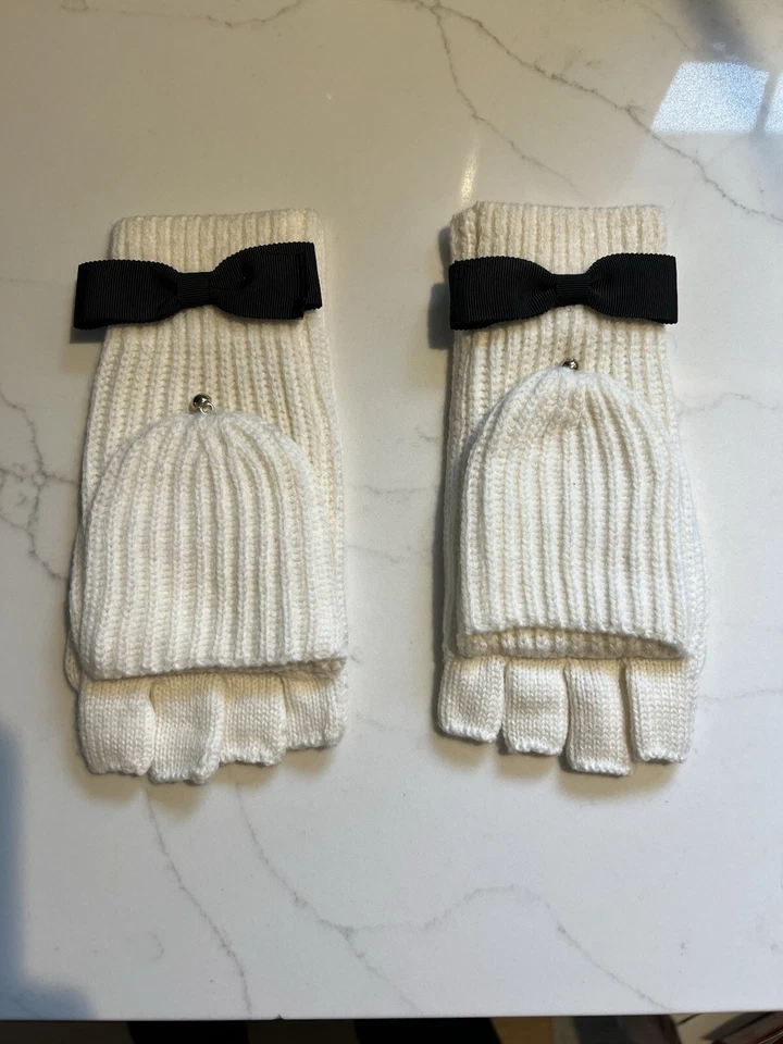 Kate Spade Bow Pop Top Fingerless Mittens/Gloves. Cream Gloves With Black Bow - Image 2 of 4