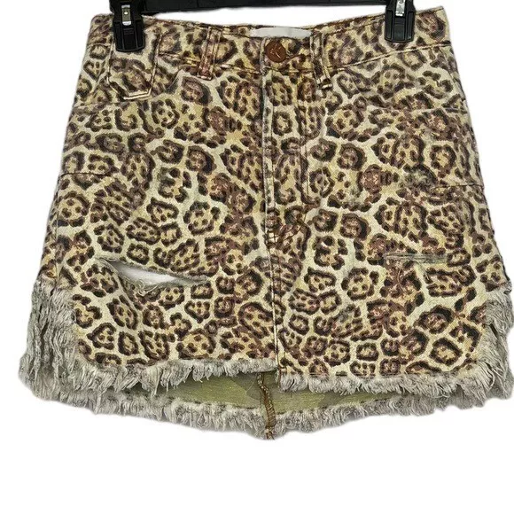 One Teaspoon Skirt Womens 24 Beige Animal Print Denim Distressed