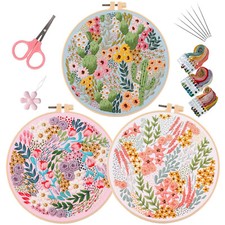 Plant Pink Floral Embroidery Kit 3 Sets Green Cactus Hand Embroidery Starter Kit